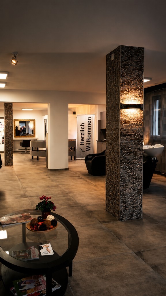 Wartebereich mit Couchtisch, Mosaik-Säule und Blick in den Waschbereich